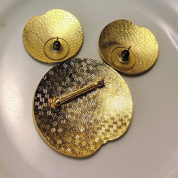 Vtg Cloisonne Enameled Round Floral Butterfly Brooch And Earring Set Navy - Picture 3 of 6